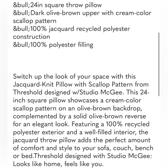 STUDIO MCGEE NWT jacquard knit pillow w/ scallop detail -olive green -24” - Picture 4 of 5